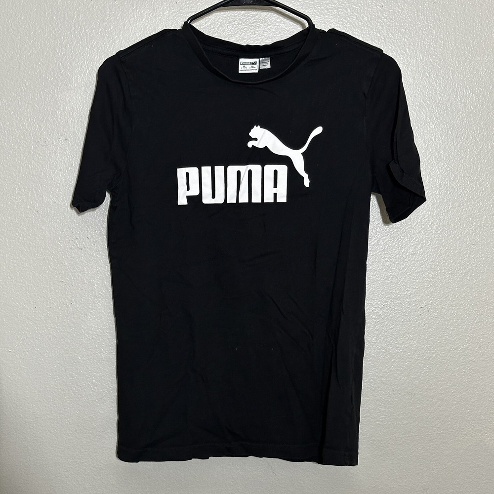 Puma Boys Crew Neck T-Shirt Black & White Graphic Logo Size Large